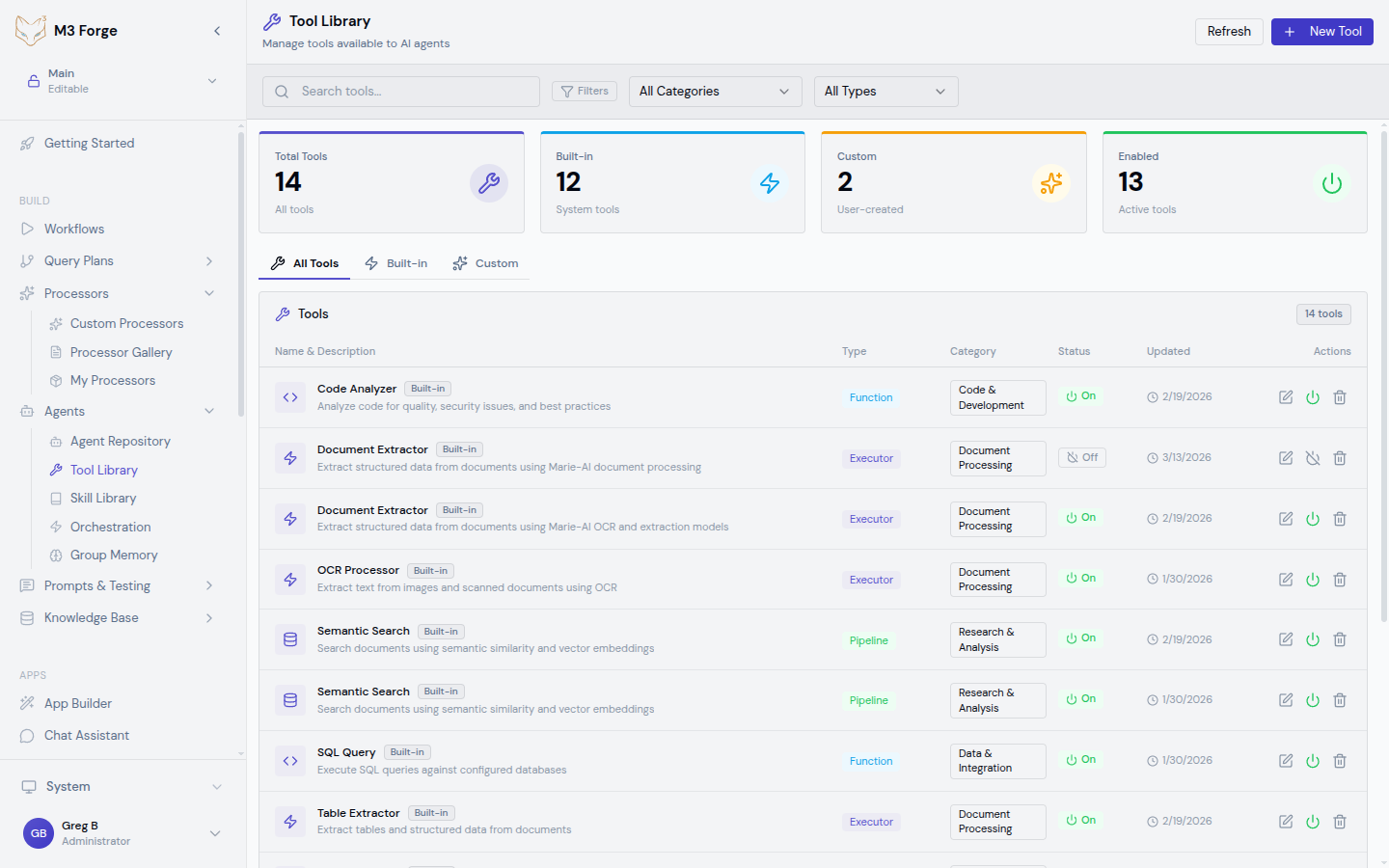 Tools and Skills library showing available tools organized by category with configuration options