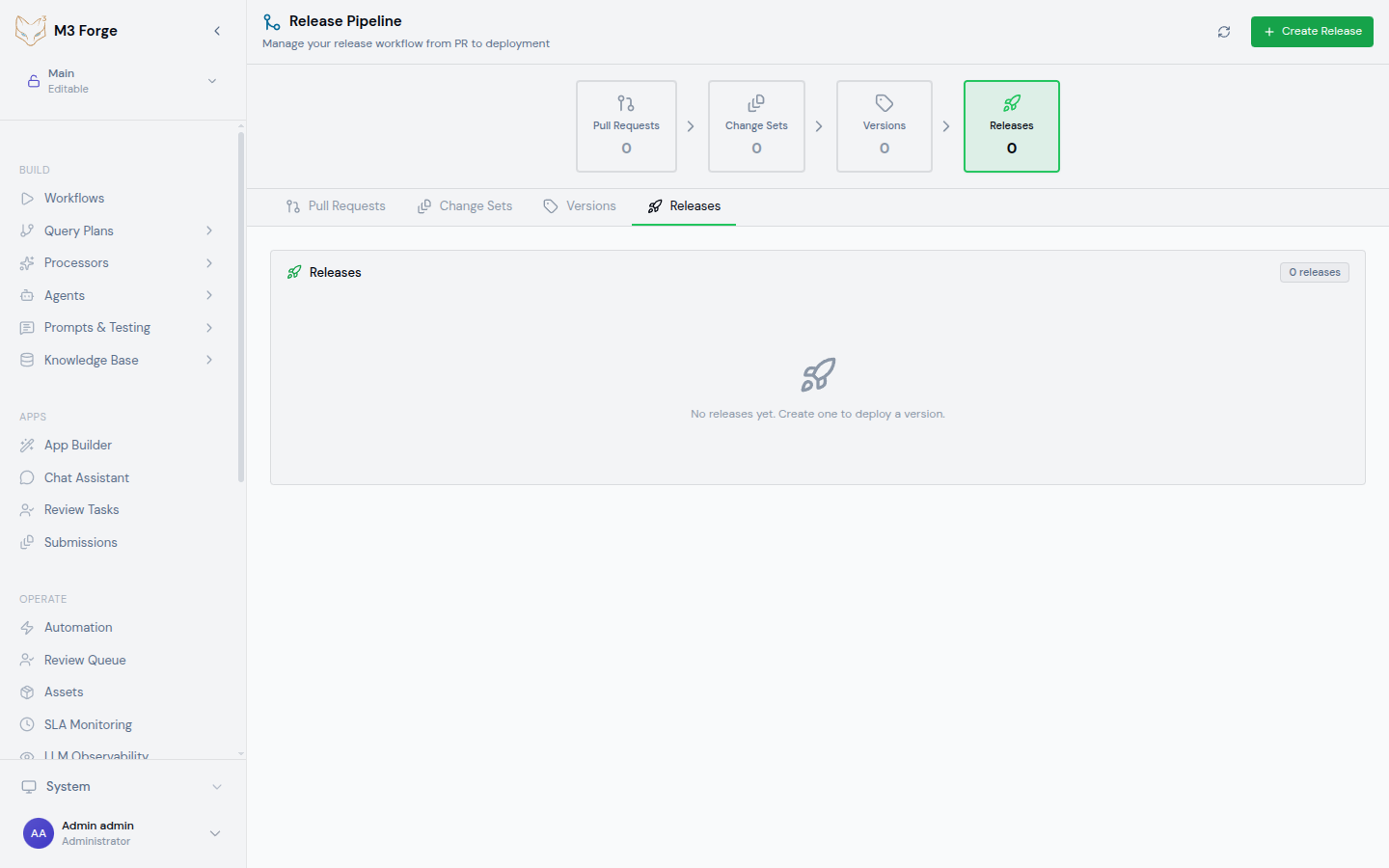 Release pipeline detail view showing PR list, change set grouping, version creation, and deployment tracking